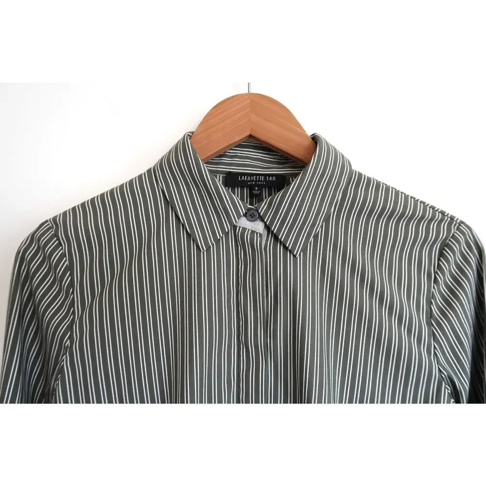 LAFAYETTE 148 NEW YORK Jake Kingsbridge Bay Leaf Stripe Shirt Top Saks S $398 - Picture 3 of 9